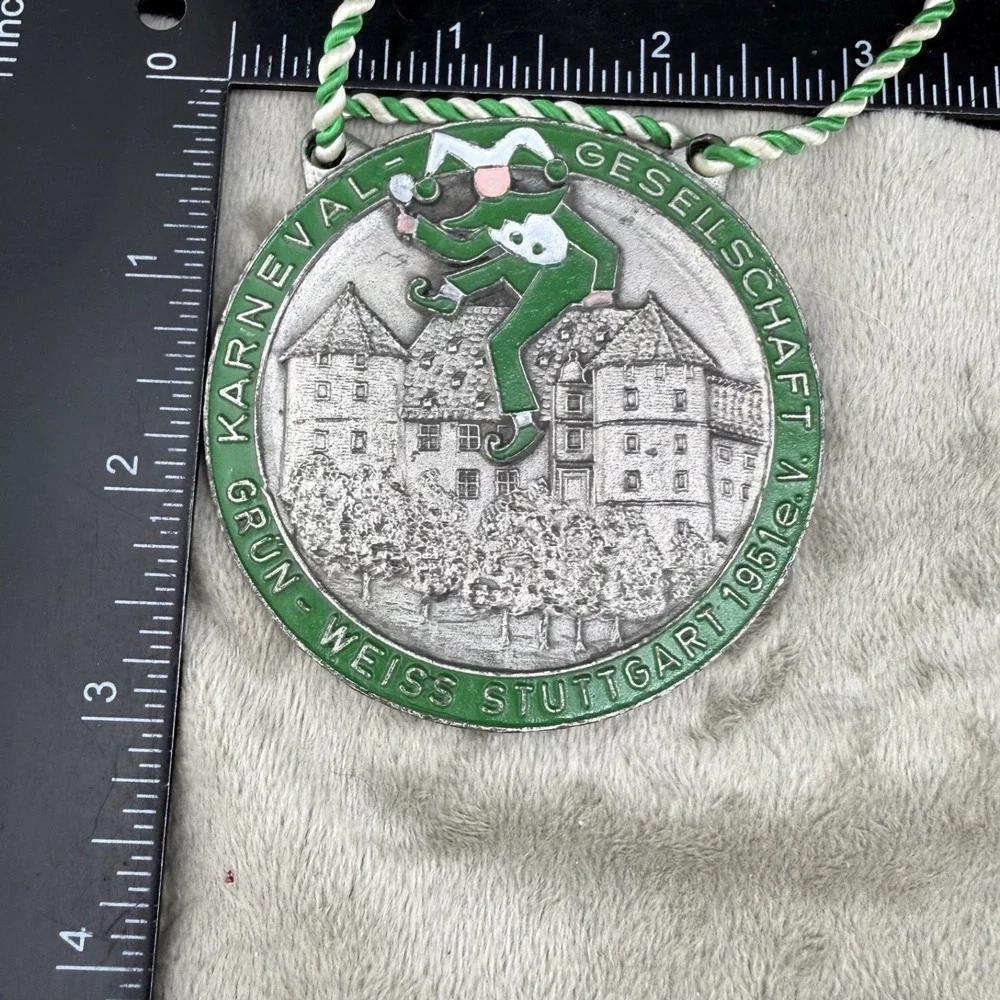 Vintage Estate Medal Silver German Carnival 1951 Karneval Jester Enamel 20in